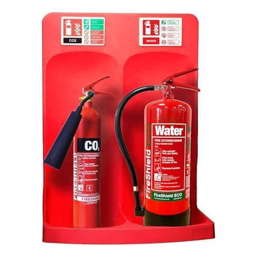 Image of Double Red Fire Extinguisher Stand Complete w/ 2kg Co2 Fire Extinguisher, 6ltr ECO Water Fire Extinguisher & Matching Signs - FireShield
