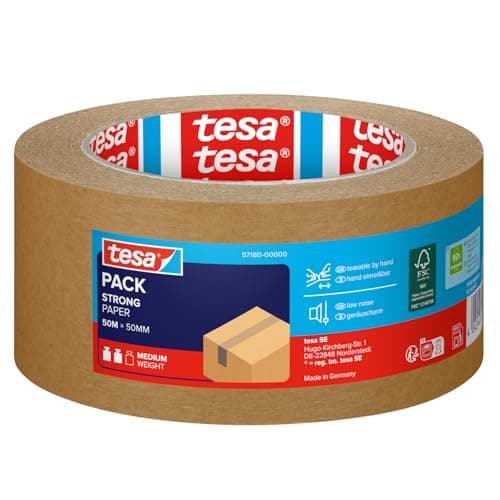 Image of tesa Paper Packaging Tape Made From Recycled Materials for Packing Parcels and Boxes 50 m x 50 mm
