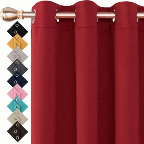 Image of Thermal Insulated Blackout Ring Top Eyelet Curtains for Bedroom Windows 66 x 72 Red 2 Panels (66”(167cm) wide x 72”(182cm) long, Red)