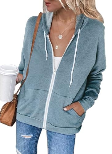 Image of Jhsnjnr Women's Solid Color Hoodies with Pockets Casual Full Zip-up Sweatshirt Lightweight Jackets Sky Blue