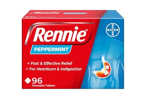 Image of Rennie Peppermint Flavour Antacid, Heartburn and Indigestion Chewable Tablets, 1 Pack of 96 Tablets - Gets to Work in 60 Seconds for Fast and Effective Heartburn Relief