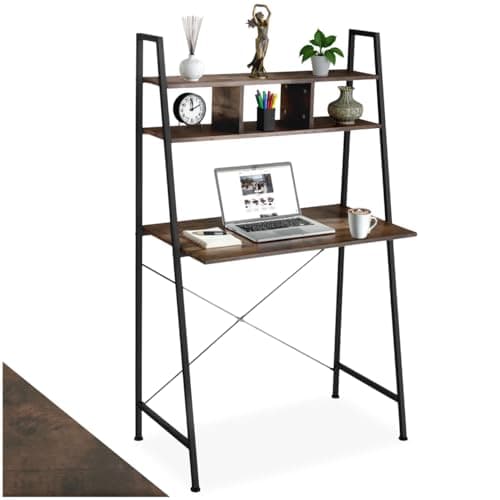 Image of tectake® Ladder Desk with 2 Overhead Shelves, Computer Desk in Modern Design with Sturdy Steel Frame & Wood-Look Finish, Ideal Home Office, Bedroom & Study Table, 85.5 x 46.5 x 140 cm - Dark Wood