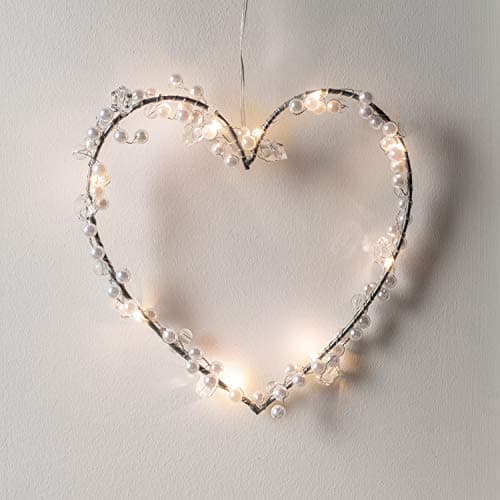 Image of Lights4fun Pearl Light Up Heart Shaped Wreath Hanging Decoration Battery Operated with Timer 10 Warm White LEDs 18cm