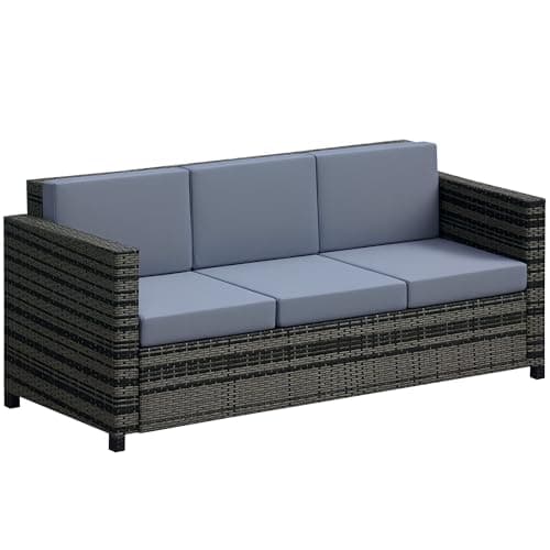 Image of Outsunny 3 Seater Rattan Sofa with 10 cm Thick Padded Cushion, All-Weather PE Wicker Weave Garden Three-seater Bench with Armrests, Mixed Grey