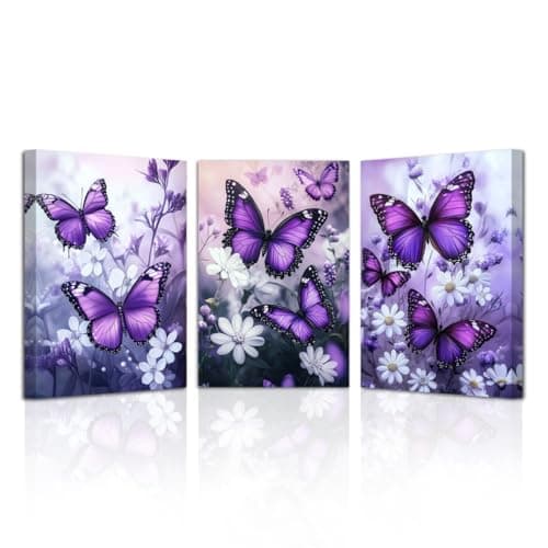 Image of LZIMU Butterfly Canvas Wall Art 3 Pieces Butterflies with Flower Pictures Prints Framed Butterfly Wall Decor for Fantasy Girls Room (Purple, 11x14inchx3 Pieces)