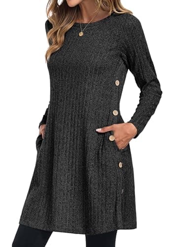 Image of GRECERELLE Womens Winter Jumper Dresses for Women UK Ladies Dresses Tunic Knitted Long Sleeve with Pockets Side Buttons Dress (Dark Grey, L)