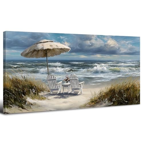 Image of Abstract Coastal Wall Art Blue Ocean Canvas Prints for Bathroom Vintage Sandy Beach Pictures White Wave Seascape Nature Seaside Scenery Canvas Artwork for Living Room Bedroom Home Decorations 20x40"