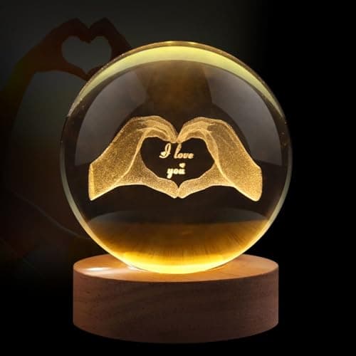 Image of Flexzion 3D Love Crystal Ball Night Light - LED Light Hologram Glass Lamp w/Solid Wood Base, USB Powered Crystal Ball Lamp w/Adjustable Brightness for Home Decor Display Gift, 3.15 inch (80mm)