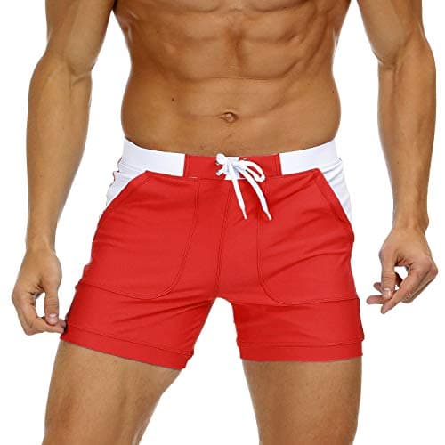 Image of KEFITEVD Men's Quick Dry Swim Trunks Beach Surf Shorts Sexy Slim Stretchy Spa Briefs Elastic Waist Short Board Pants, Red, 36