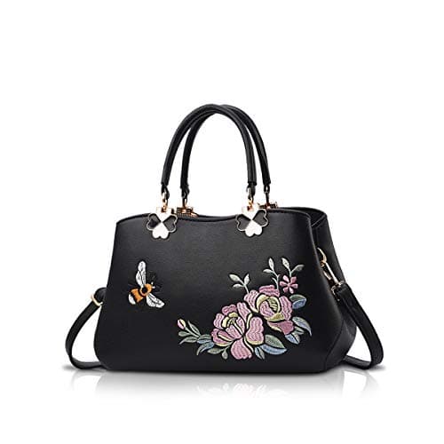 Image of NICOLE&DORIS Women Top Handle Handbags Retro Crossbody Bag Ladies Fashion Shoulder Bag Purse Tote Embroidery Black Bee