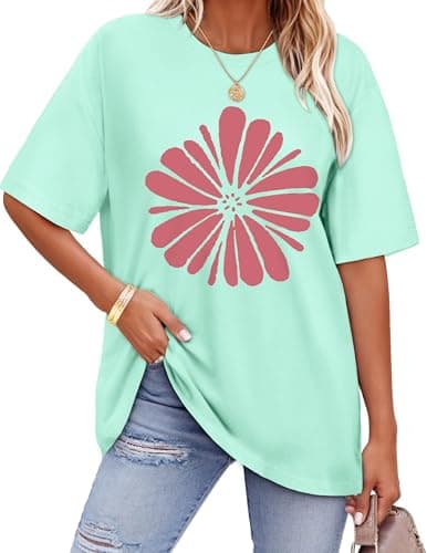 Image of florynova Womens Tops Summer Oversized Tshirt Crewneck Short Sleeve Casual Blouse（Light Green，L