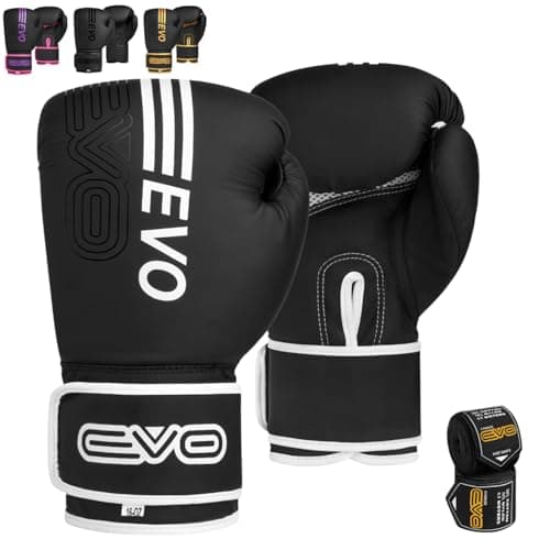Image of EVO Fitness Matte Black Boxing Gloves MMA Muay Thai Martial Arts Kick Boxing Sparring Training Fighting Men Punch Bag Women Pink Gloves With Hand Wraps (White, 10 OZ)