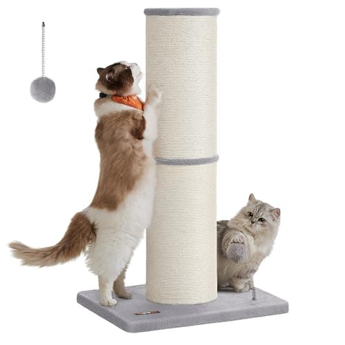 Image of Feandrea Cat Scratching Post, 85 cm Tall, XXL Sisal Scratcher for Maine Coons and Large Cats, 17 cm Thick Sisal Scratching Pole, Spring Pompom with Built-in Bell, Dove Grey PCA042G01