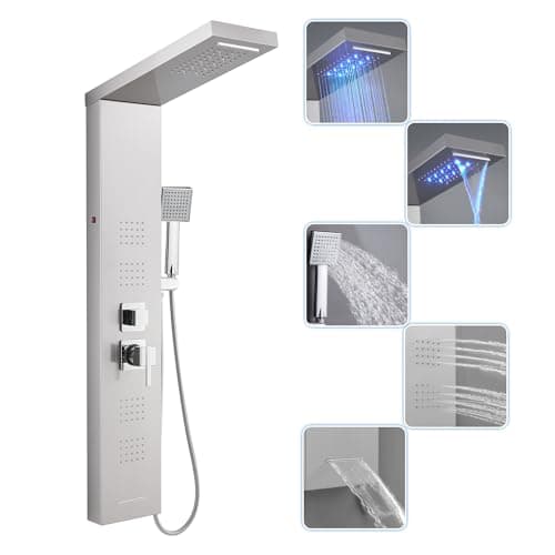 Image of ROVOGO LED Shower Panel Tower System with 5 Functions, Waterfall, Rainfall Head, Body Jets, Bathtub Spout and Handheld Shower, Wall Mounted Shower Panel Column Tower, Stainless Steel Brushed