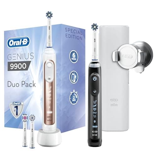 Image of Oral-B Genius 2x Electric Toothbrushes with Pressure Sensor, Gifts For Women / Men, App Connected Handles, 4 Toothbrush Heads & Travel Case, 6 Modes, Teeth Whitening, 2 Pin UK Plug, Rose Gold & Black