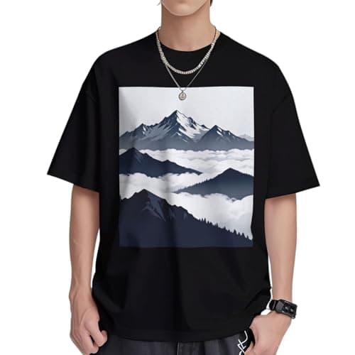 Image of Men's Snow Mountain Peak XL Heavyweight Cotton T-Shirt-230g Soft Breathable Tee, Premium Casual Short Sleeve Top for Daily Black