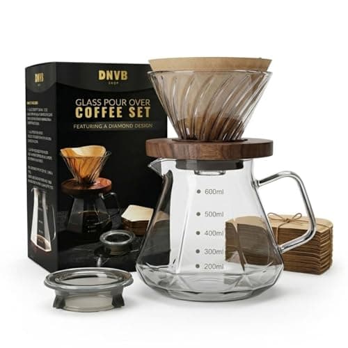 Image of DNVB SHOP Glass Pour Over Coffee Maker Set - 600ml Geometric Carafe with Walnut Base, Swirl Glass Coffee Dripper & Paper Filters. Thermal-Shock Proof, Food-Safe Drip Coffee Kit for Home Barista