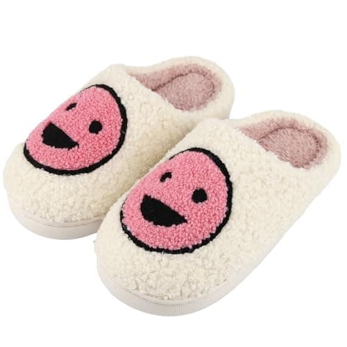 Image of QZCEO Ladies Slippers Soft Plush Womens Mens Slip-on House Slippers Retro Happy Face Warm Comfortable Memory Foam Fluffy Indoor Outdoor Home Shoes Pink 4/5 UK