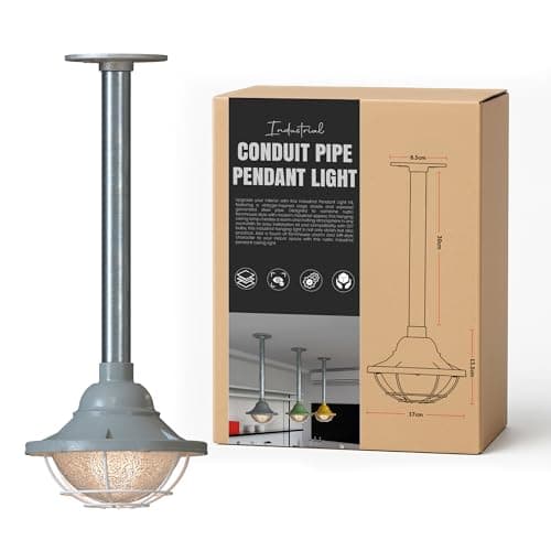 Image of LEDSone Ceiling Pendant Light - Single Head E27 Base Metal Lampshade with Industrial Galvanized Conduit Steel Hanging Pendant Lighting for Kitchen Living Room (Grey - 30cm - Without Bulb)