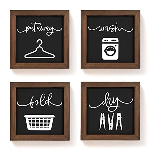 Image of SHOHAYTO Farmhouse Rustic Wooden Laundry Signs Set of 4 Wash Dry Fold Put Away, 8" x 8" Wall Decor