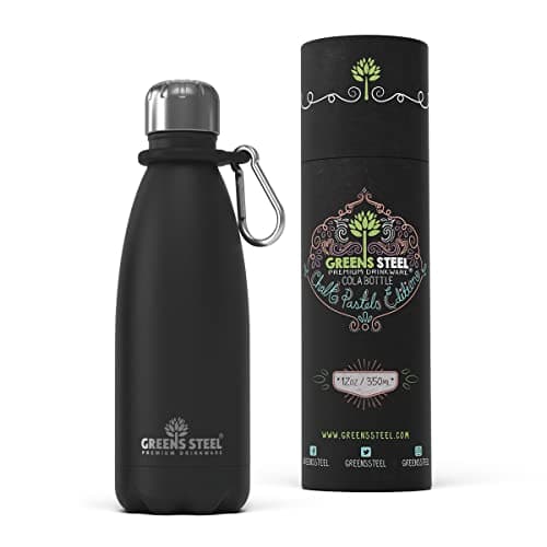 Image of Greens Steel Stainless Steel Water Bottle - 350ml, Black | Double Wall Vacuum Insulated Flask | Carier Holder & Gift Box Included | Reusable, Leak Proof Sports Bottle for Adults & Kids