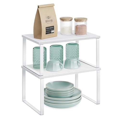 Image of SONGMICS Spice Rack, Set of 2 Cupboard Shelf Organisers, Expandable Kitchen Shelf Organiser, Stackable Spice Holder, Metal and Engineered Wood, Cloud White and Snow White KCS02W01