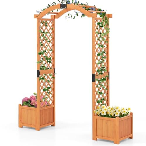 Image of COSTWAY Garden Arch with Planter Box, 2M Wooden Pergola Arbor Trellis with Trellis, Drain Holes & Removable Bottom Panels, Rose Vines Climbing Plant Support Archway for Lawn Backyard Wedding
