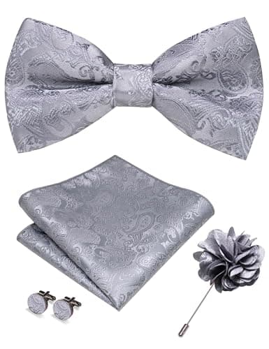 Image of RBOCOTT Bowtie Grey Paisley Pre-tied Bow Tie and Pocket square with Cufflinks Lapel Pin Sets for Men 4PCS(15)