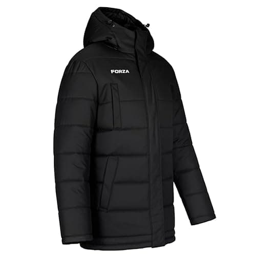 Image of FORZA Longline Padded Coat - Water-Repellent 200GSM Insulated Jacket with Adjustable Hood, Ribbed Cuffs & Multiple Pockets (UK, Alpha, L, Regular, Regular, Black)