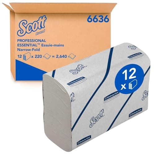Image of Scott Essential Hand Towels, Narrow Fold White Paper Towels for Bathroom, Soft, Strong, Eco-Friendly, Highly Absorbent, 12 Clips x 220 N-Fold Paper Sheets (2,640 Sheets Total), model nr. 6636