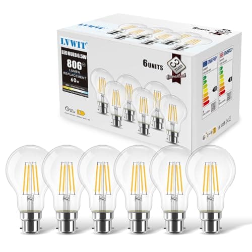 Image of LVWIT B22 LED Filament Bayonet Bulb, 6.5W GLS Energy Saving Bulbs, Retro Glass A60 LED Bulbs,60W Equivalent, 806Lm, 2700K Warm White A60 Clear Filament Bayonet Cap,Non-dimmable (6 PCS)