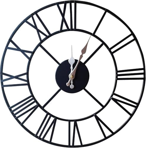 Image of Klass Home 40cm Black Metal Large Wall Clock | Silent Non-Ticking Roman Numerals Clock For Indoor/Outdoor Use | Living Room, Bedroom, Kitchen, Outdoor, Garden Decor
