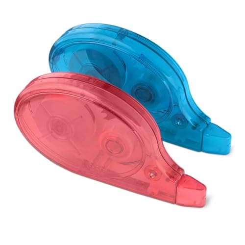 Image of Amazon Basics Correction Tape, Pack of 2, Roller, Pen, Mouse Style, Instant Drying, 12m Long, Red, Blue