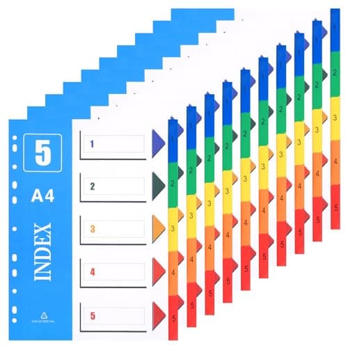 Image of XHDA 1-5 Part Dividers A4, 10 Pack Multi-Colour Plastic A4 Index Folder Subject Dividers, 11-Holes Lever Arch Files Dividers Ring Binders for Office School