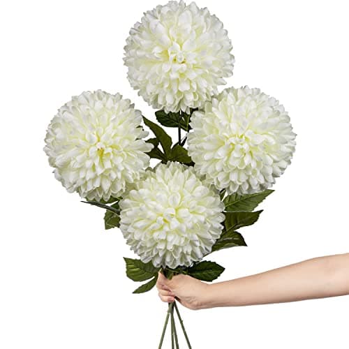Image of Hollyone 6'' Large Artificial Chrysanthemum Flowers with 25.6'' Long Stem, 4 pcs White Fake Silk Flowers Faux Ball Flower for Home Decor, Bridal, Wedding, Party, Garden, Floral Arrangement