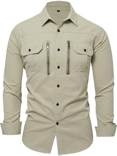 Image of FREDD MARSHALL Men's Button Down Zipper Trim Shirt with Pockets, Light Khaki, Large