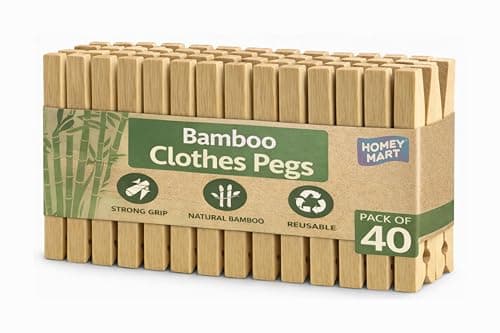 Image of Bamboo Clothes Pegs Pack of 40 – Strong Wooden Laundry Pegs with Steel Spring | Large Bamboo Pegs for Washing Line, Hanging Photos, Crafts & Home Use | Durable Eco-Friendly Washing Line Pegs