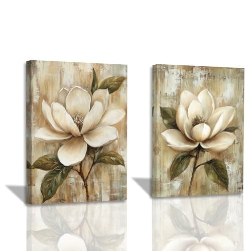 Image of ZXHYWYM Magnolia Pictures Wall Decor Set of 2 Vintage Floral Canvas Painting Magnolia Prints White Flower Botanical Artwork Bedroom Bathroom Decor Framed (Brown, (30x40cmx2 Pieces))