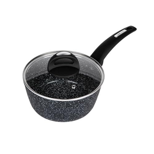 Image of 18cm Forged Non-Stick Saucepan with Glass Lid - Speckled Marble Effect, PFAO/PFAS-Free, Induction Compatible, Dishwasher Safe