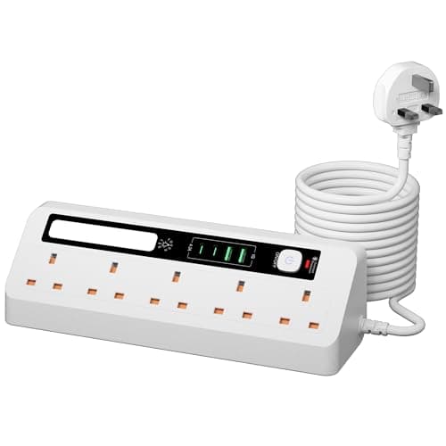 Image of AUNNO Extension Lead with USB Slots, 5 Way Sockets Outlets with 2 USB-A Ports and 2 USB-C Ports, 1.8M Extension Cable with Switch Surge Protected and Adjustable Night Light Bar