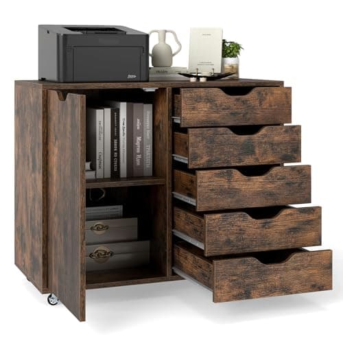 Image of CASART Rolling File Cabinet, 5/7 Drawers Freestanding Storage Organizer Cupboard on Wheels, Home Office Lateral Filing Chest (Rustic Brown, 5 Drawers + 1 Door)