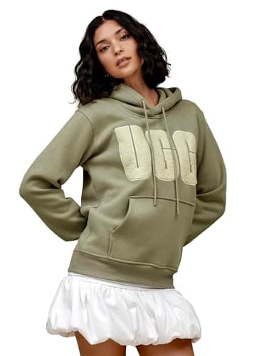 Image of UGG Women's Rey Uggfluff Logo Hoodie, Vinito / Green Fog, S