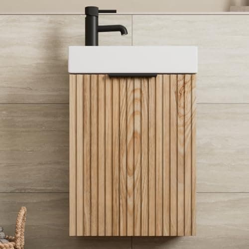 Image of BAYSTONE® Fluted 400mm Bathroom Vanity Unit Ceramic Wash Sink, Cloakroom Storage Furniture Under Basin Cabinet Wall Hung Cupboard, Wood