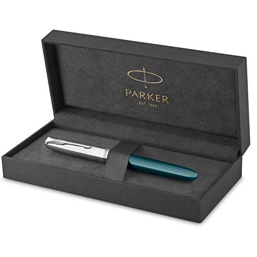 Image of Parker 51 Fountain Pen | Teal Blue Barrel with Chrome Trim | Fine Nib with Black Ink Cartridge | Gift Box