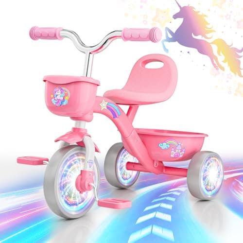 Image of HappyGoLucky Unicorn Tricycles Toys for 2-5 Year Old Girls Gifts, Balance Bike 2-5 Year Old with Colorful Lighting Wheels & Removable Pedals, Baby Kids Trikes Bike Christmas Unicorn Gifts for Girls