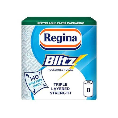 Image of Regina Blitz Household Towels – 8 Triple Layered Rolls, 70 Sheets Per Roll, Paper Packaging, FSC Certified Paper, Recyclable Packaging, 60% Larger Than Standard Kitchen Roll Sheets