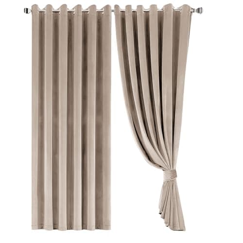 Image of Opulent Dreams Crushed Velvet Curtains - Fully Lined & Room Darkening - Eyelet Ring Top for Bedroom & Living Room - Includes Two Tie Backs - Pair of Panels (Beige, 90" x 90" (229 x 229 cm))