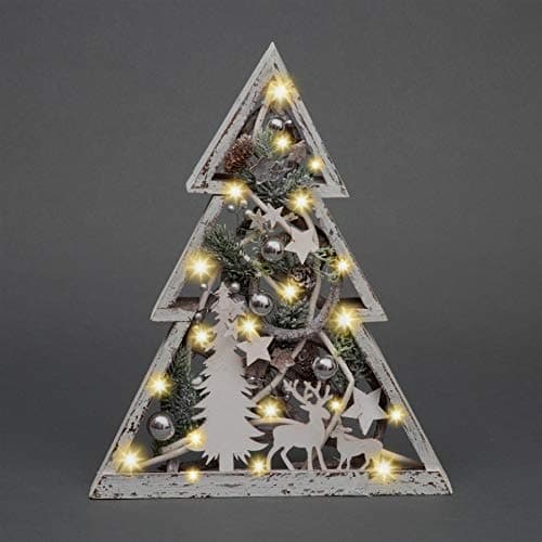 Image of 43cm Christmas Pre-Lit Wooden Warm White LED Tree Frame Tabletop Centrepiece Decoration with Pinecones and Baubles Holiday Home Décor
