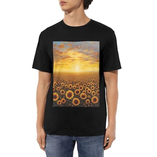 Image of Sunflower Field Sunset Sea of Flowers Print Simplicity Lightweight Short Sleeve Crew Neck Fitness Activities Various Scenarios
