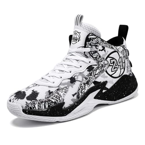 Image of Women’s Basketball Shoes Men’s Mid-top Hoops Shoes Youth Basketball Sneakers with Cushioning Casual Performance Trainer Breathable Lightweight Boys & Girls Walking Shoes (White/Black,9)